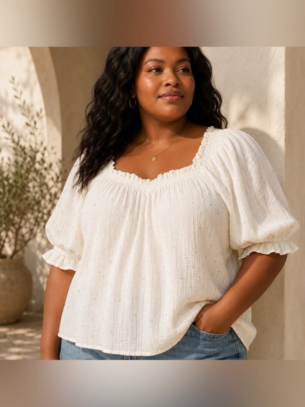 Perch Blu Pepper White Gold Dot Boho Peasant Back Tie Top NWT 2XL #1440